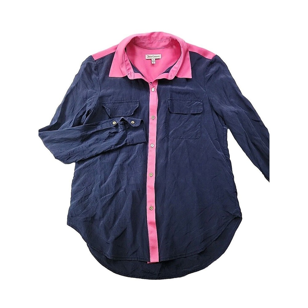 Juicy Couture Women's XS Navy Pink Colorblock Button-Up 100% Silk Blouse LS